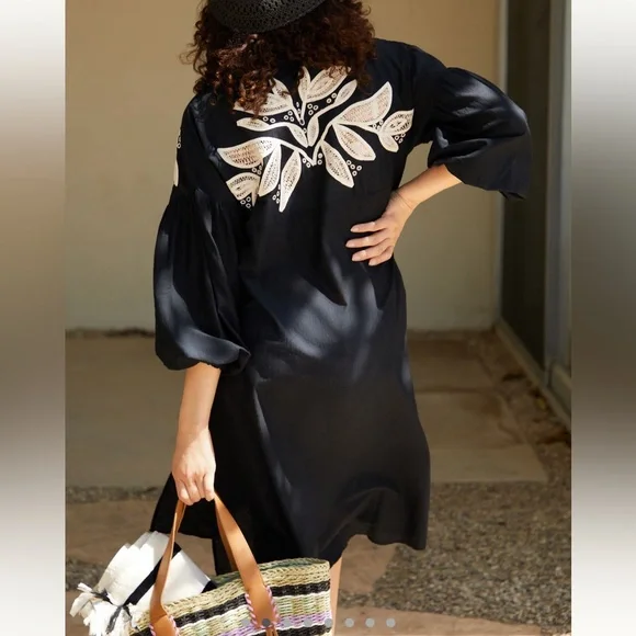 Anthro Embroidered Black Cover Up Dress Cotton Oversized Boho Beach - Picture 2 of 16